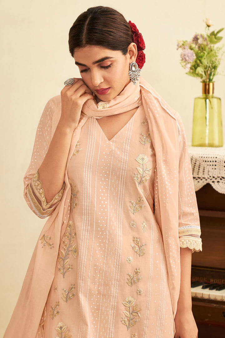 Peach Pure Cotton Khadi Block Print Long Straight Cut Suit