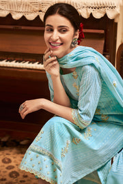 Cyan Pure Cotton Khadi Block Print Long Straight Cut Dress