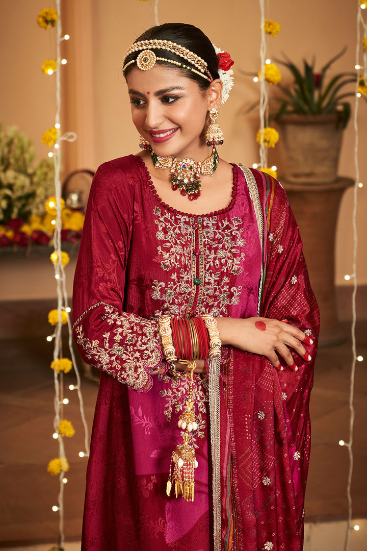 Maroon Silk Embroidered Pant Style Suit