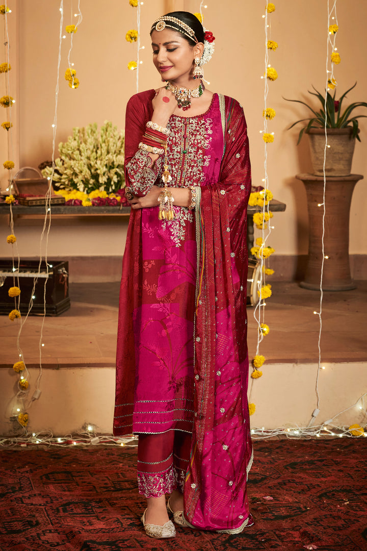 Maroon Silk Embroidered Pant Style Suit