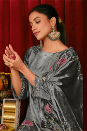 Grey Pure Viscose Velvet Fancy Embroidered Disigner Salwar Suit