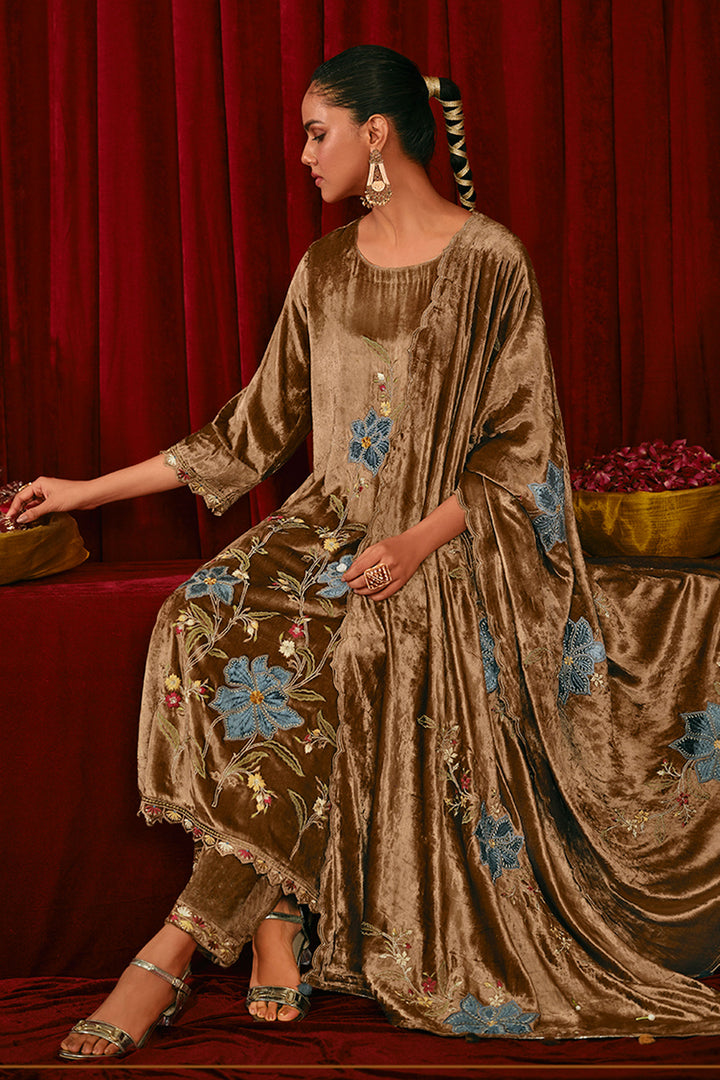 Brown Pure Viscose Velvet Fancy Embroidered Disigner Dress