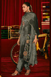 Pure Viscose Velvet Embroidered Salwar Suit In Grey Color