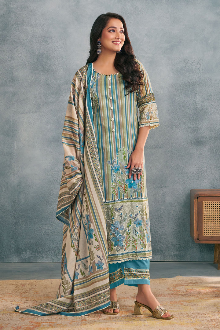 Casual Cyan Mal Mal Cotton Digital Print Salwar Kameez With Handwork
