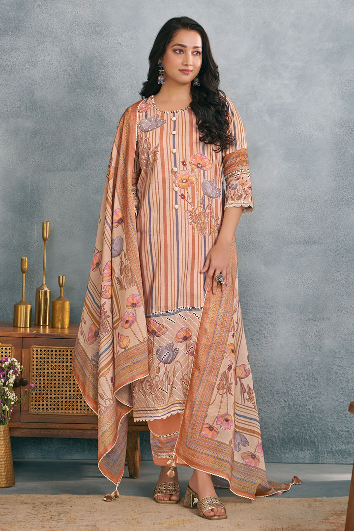 Elegant Mal Mal Cotton Peach Printed Suit With Borer Embroidery Work