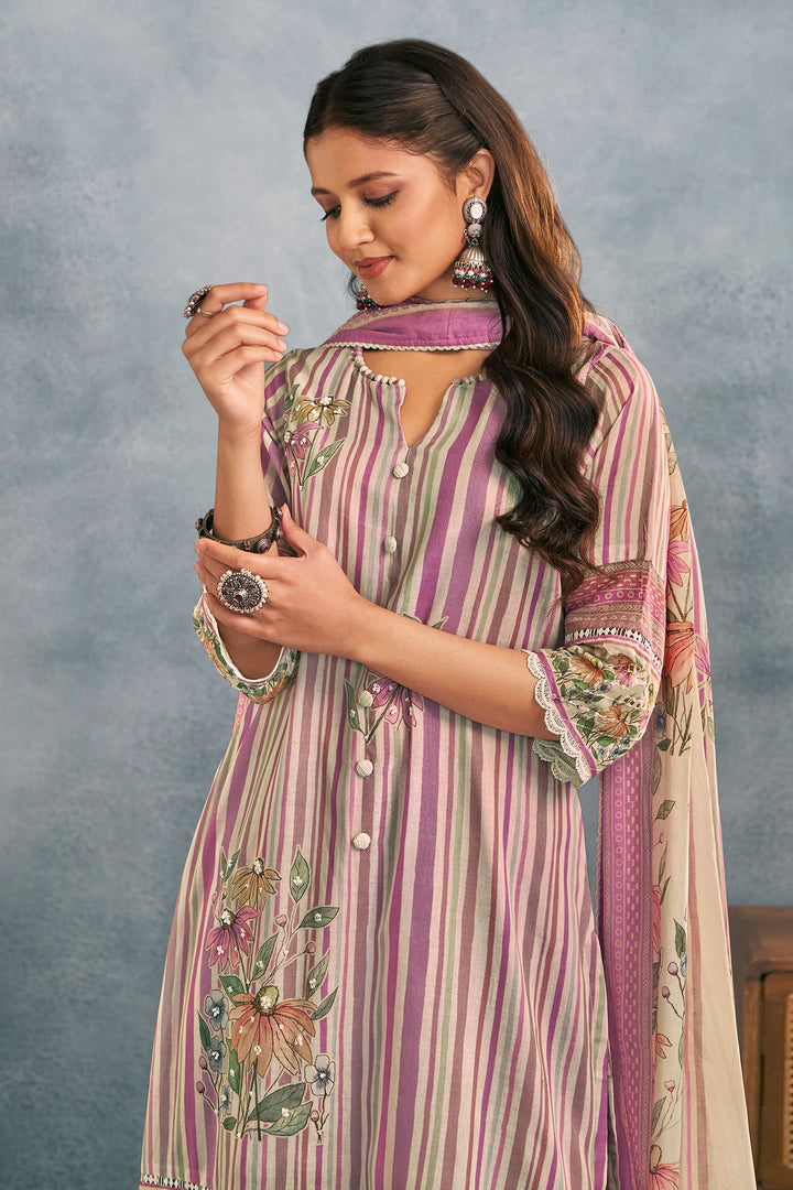 Lavender Pure Cotton Mal Mal Straight Cut Salwar Kameez For Women
