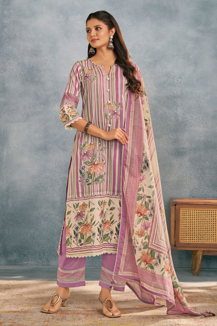 Lavender Pure Cotton Mal Mal Straight Cut Salwar Kameez For Women