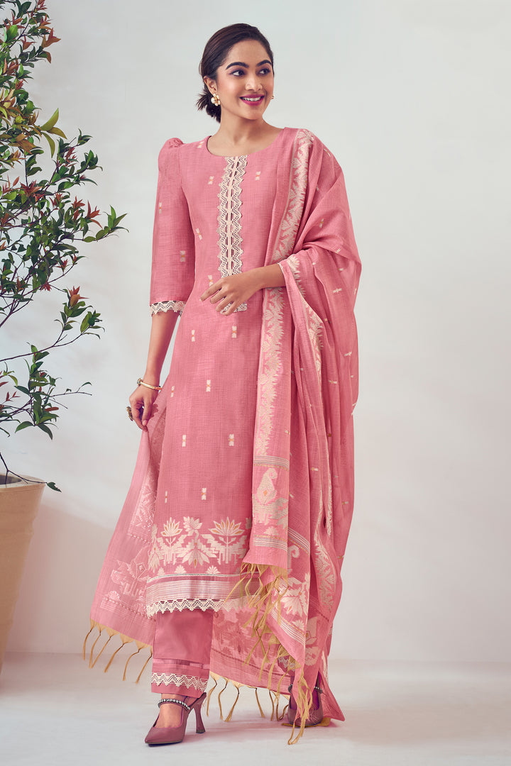 Pink South Cotton Top Dyed Jacquard Print Salwar Kameez