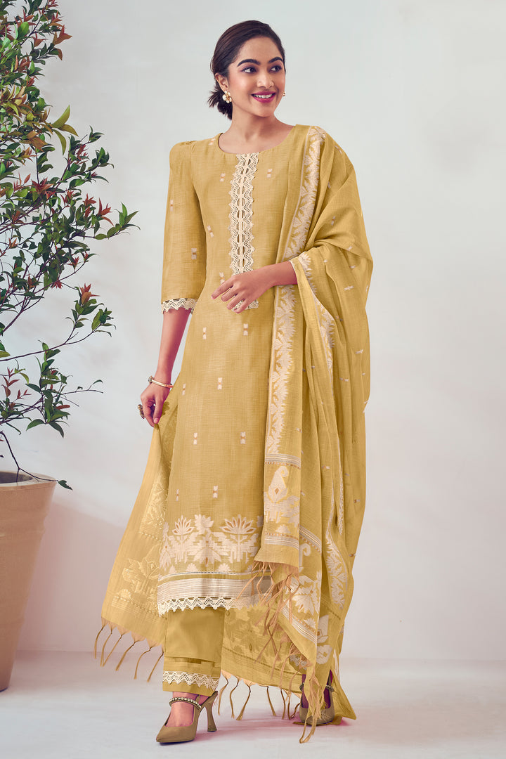 Light Yellow South Cotton Top Dyed Jacquard Print Salwar Suit