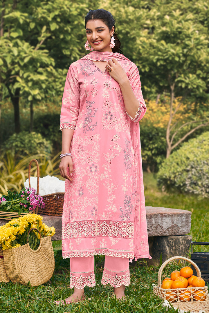 Pink Color Pure Cotton Khadi Block Print Long Straight Cut Salwar Suit