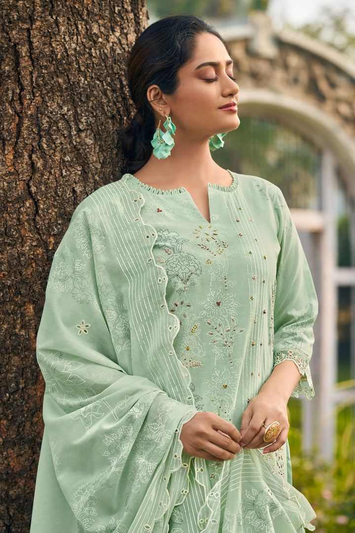 Pure Cotton Long Straight Cut Salwar Kameez In Light Cyan Color