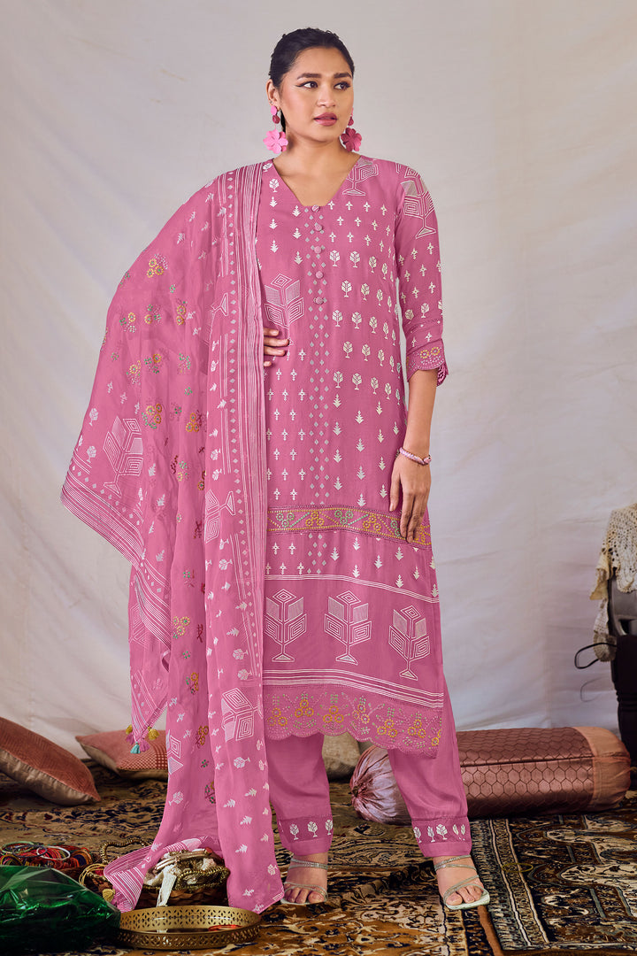 Pink Color Pure Orgenza Khadi Block Print Function Wear Salwar Kameez