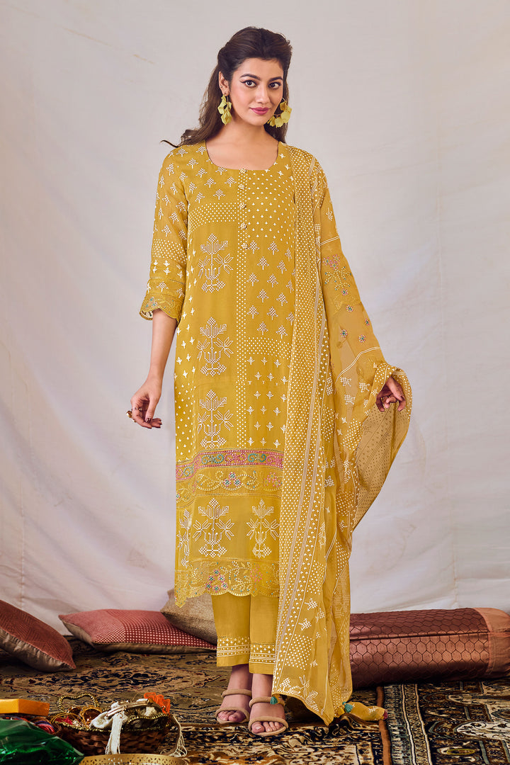 Mustard Color Pure Orgenza Khadi Block Print Salwar Suit