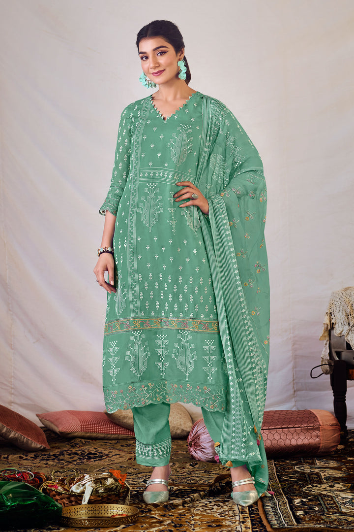 Sea Green Color Pure Orgenza Khadi Block Print Suit