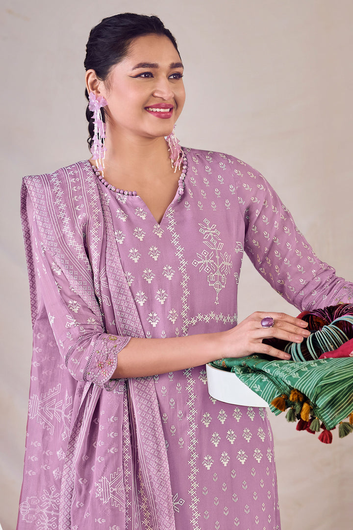 Pure Orgenza Khadi Block Print Salwar Kameez In Lavender Color