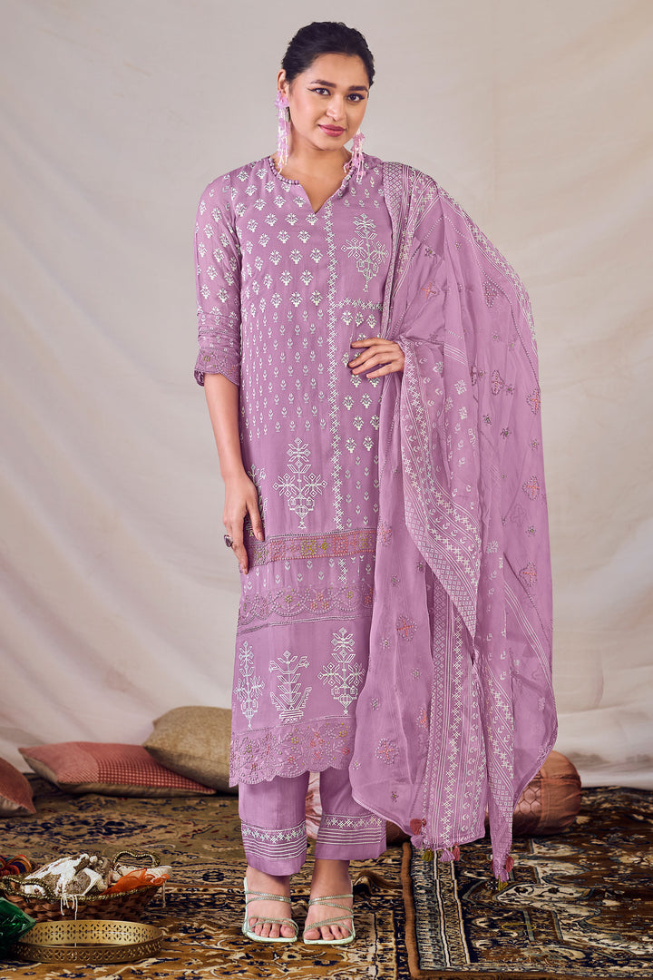 Pure Orgenza Khadi Block Print Salwar Kameez In Lavender Color