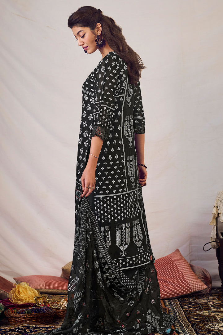 Pure Orgenza Khadi Block Print Salwar Suit In Black Color