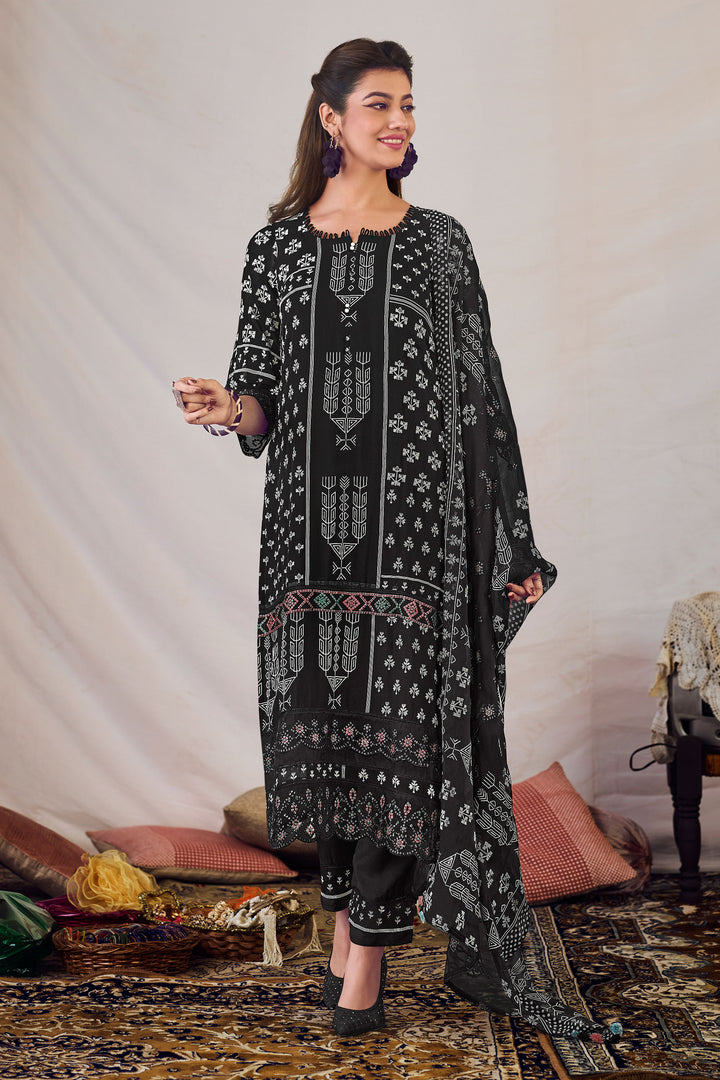 Pure Orgenza Khadi Block Print Salwar Suit In Black Color