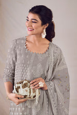 Load image into Gallery viewer, Pure Orgenza Khadi Block Print Suit In Grey Color
