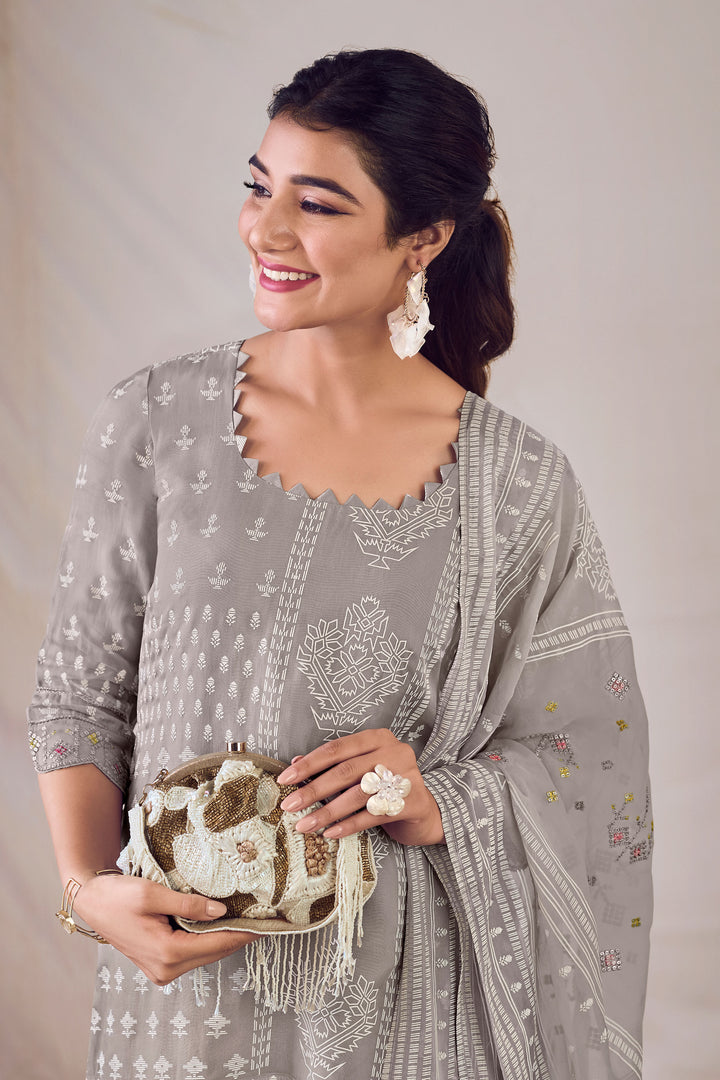 Pure Orgenza Khadi Block Print Suit In Grey Color