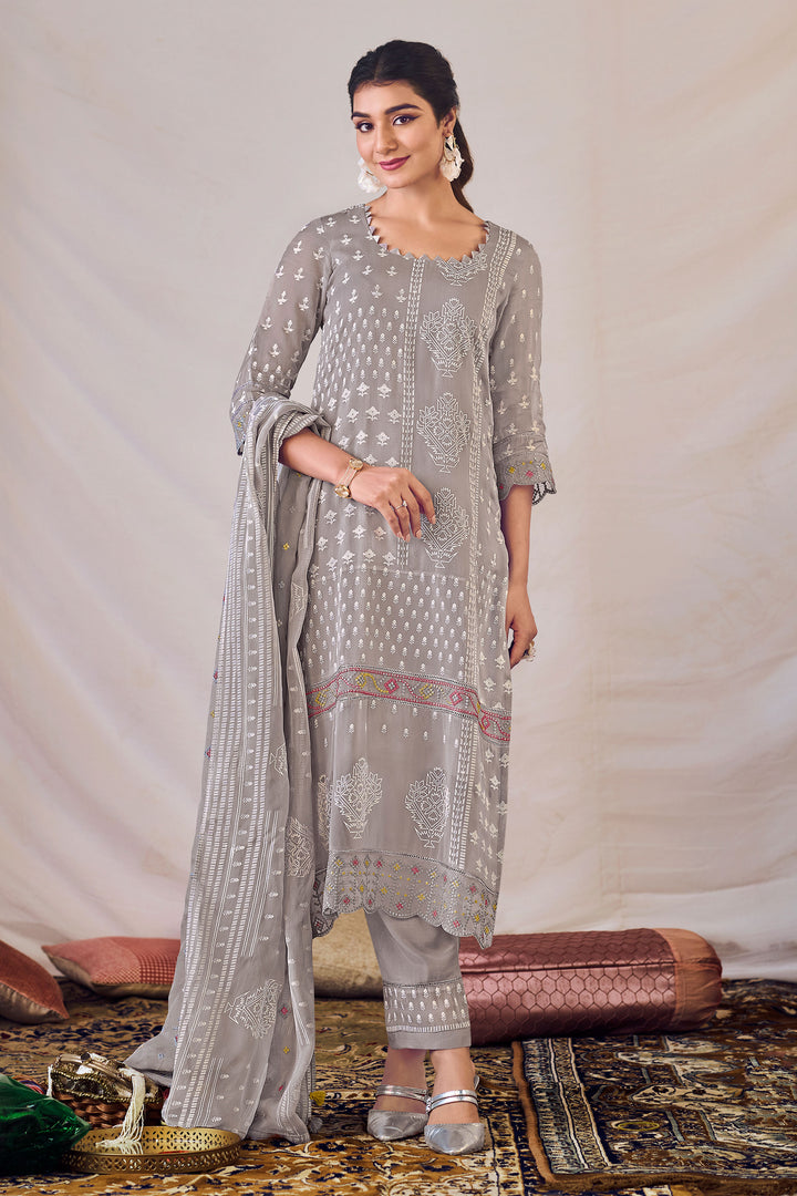 Pure Orgenza Khadi Block Print Suit In Grey Color