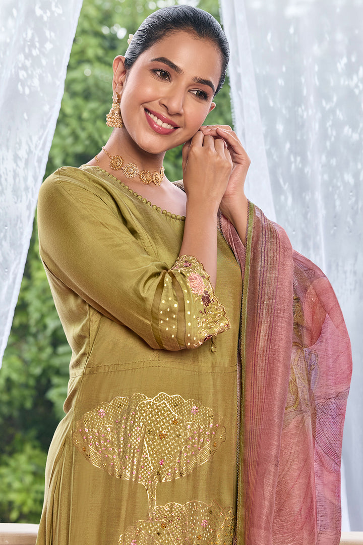 Olive Pure Moga Silk Foil Print Designer Suit