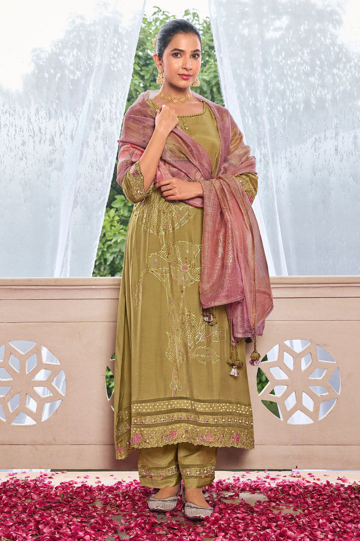 Olive Pure Moga Silk Foil Print Designer Suit