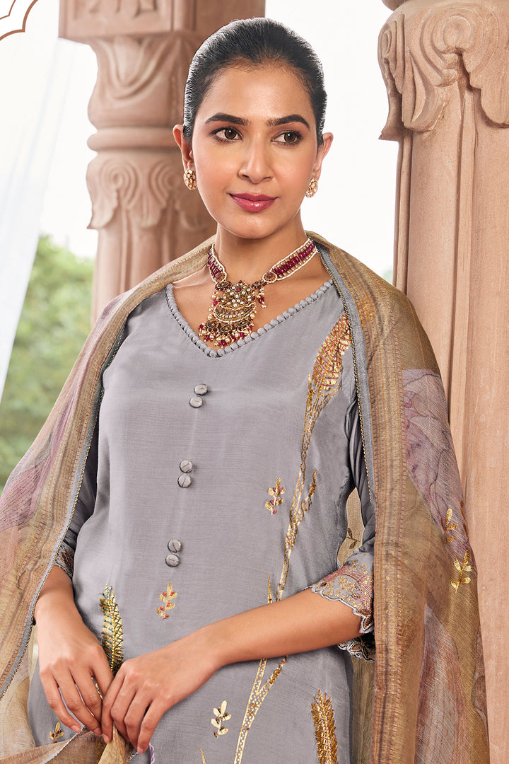 Pure Moga Silk Foil Print Designer Salwar Kameez In Grey Color