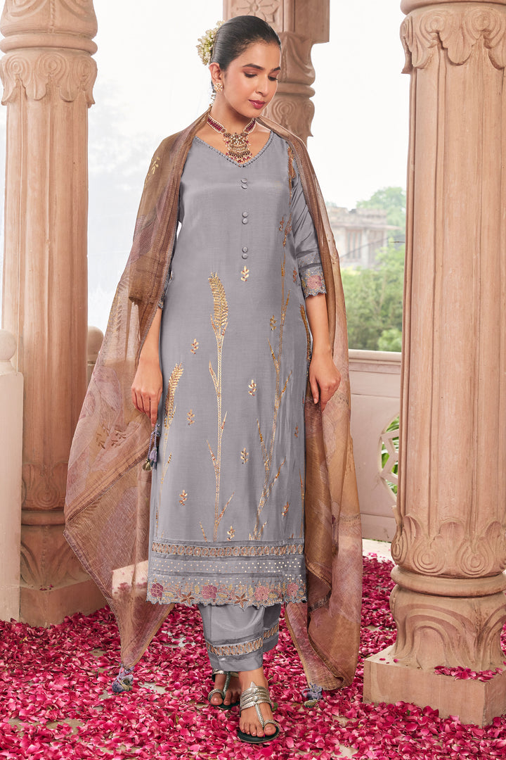 Pure Moga Silk Foil Print Designer Salwar Kameez In Grey Color