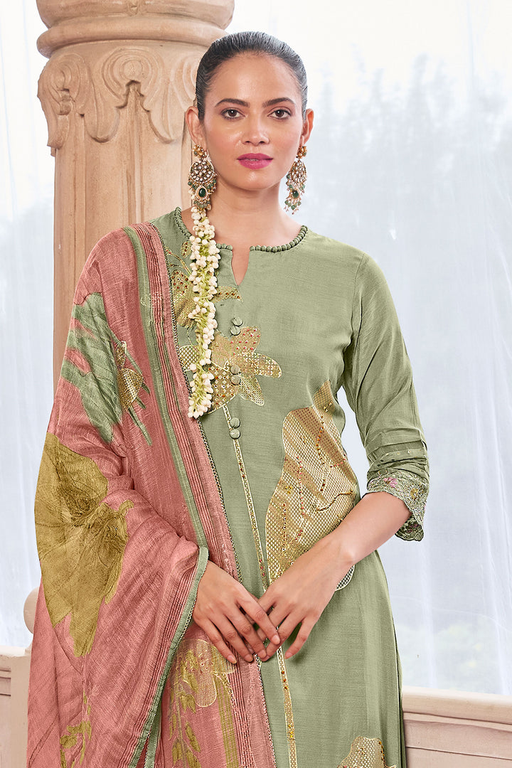 Pure Moga Silk Foil Print Designer Salwar Suit In Sea Green Color