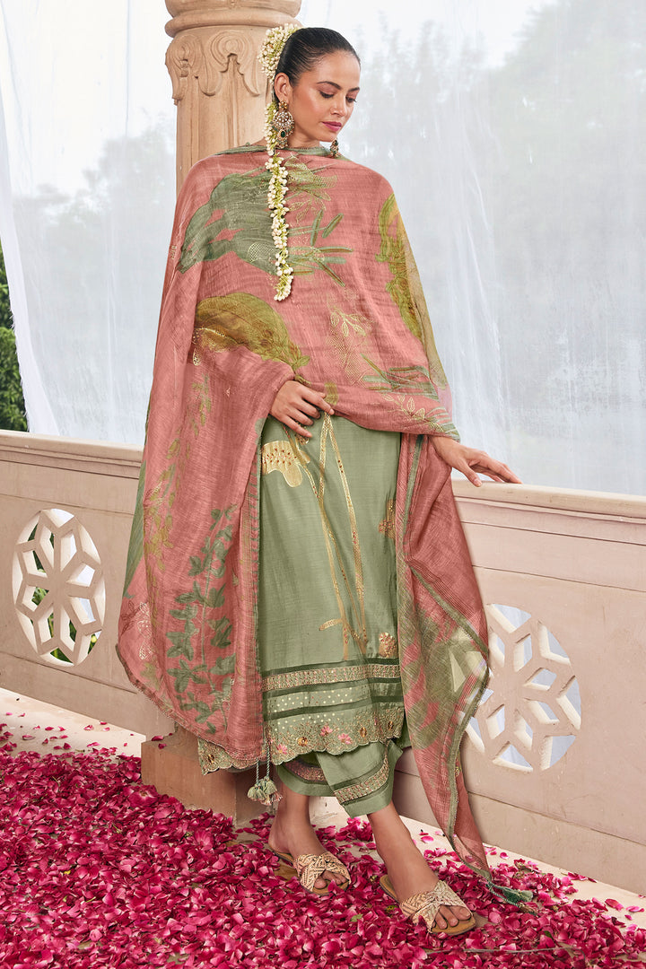 Pure Moga Silk Foil Print Designer Salwar Suit In Sea Green Color