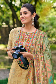 Elegant Cream Mal Cotton Embroidered Casual Salwar Suit With Digital Print Dupatta