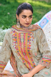 Traditional Beige Cotton Embroidered Salwar Kameez With Fancy Printed Dupatta