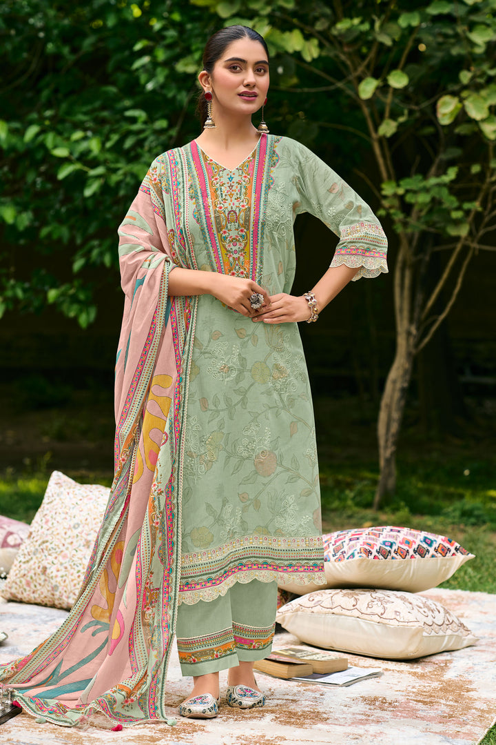 Elegant Sea Green Cotton Straight Cut Suit With Printed Dupatta