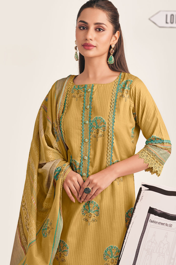 Stylish Cotton Yellow Lining Printed Salwar Suit With Malmal Dupatta