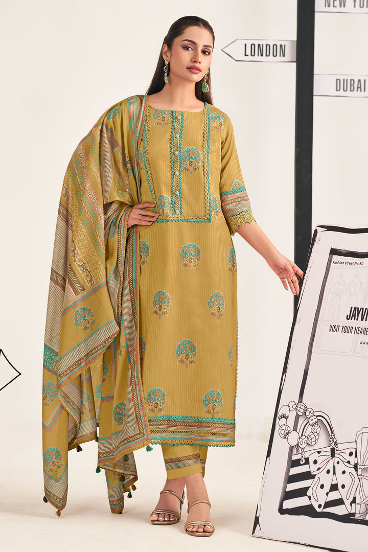 Stylish Cotton Yellow Lining Printed Salwar Suit With Malmal Dupatta