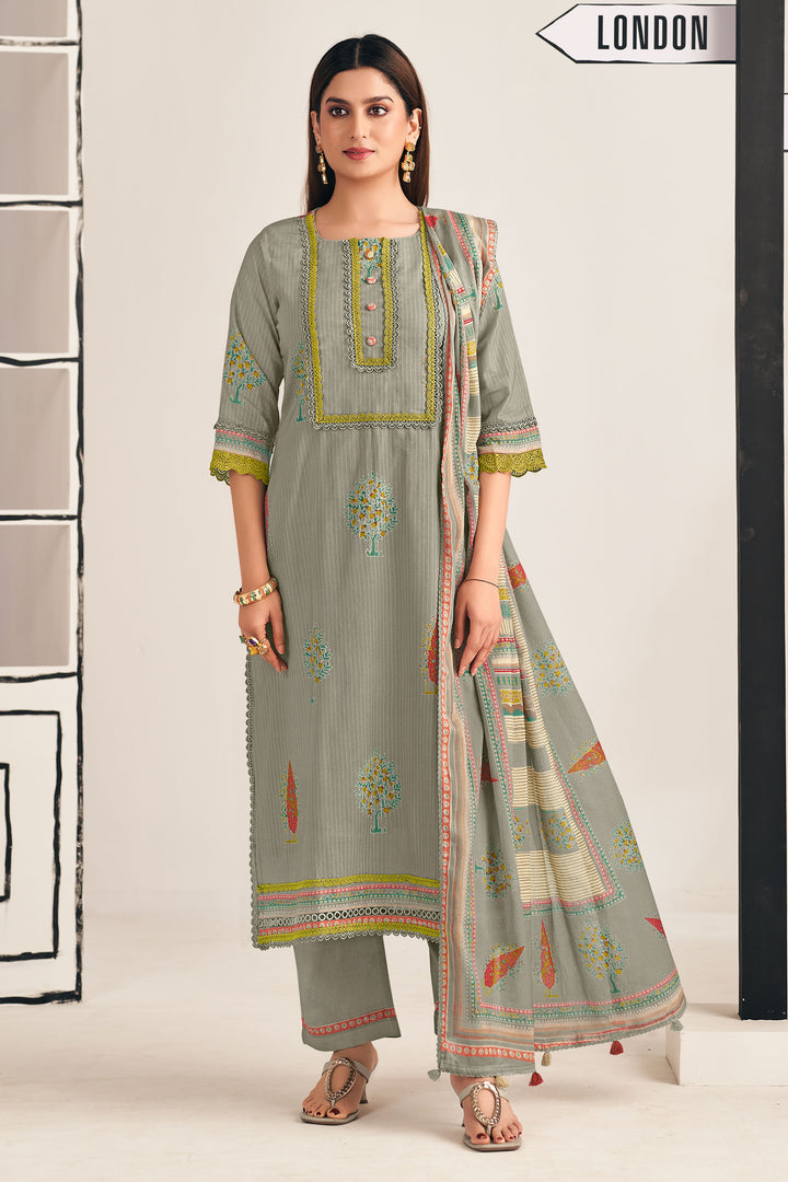 Women’S Ethnic Cotton Grey Suit With Printed Bottom And Fancy Dupatta
