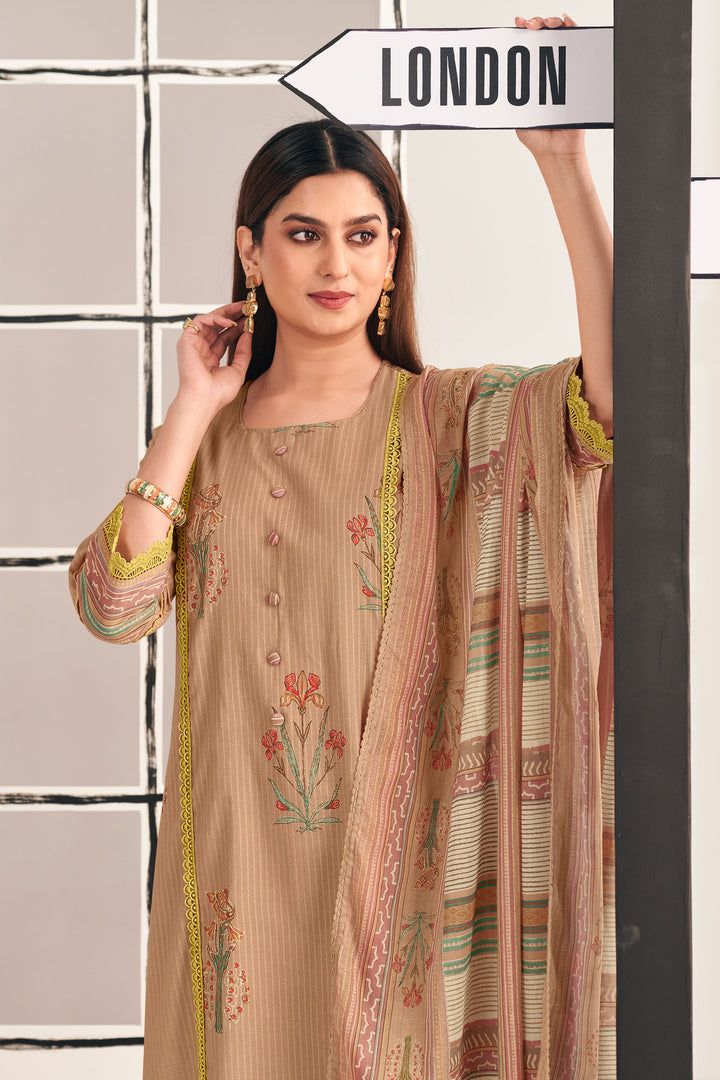 Designer Cream Cotton Salwar Kameez With Gpo Lace Work And Digital Print