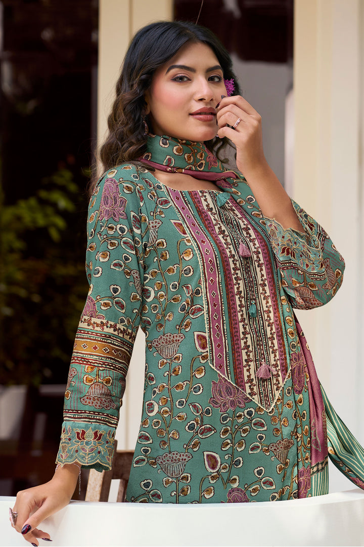 Pure Premium Corduroy Digital Print Casual Salwar Kameez In Cyan Color