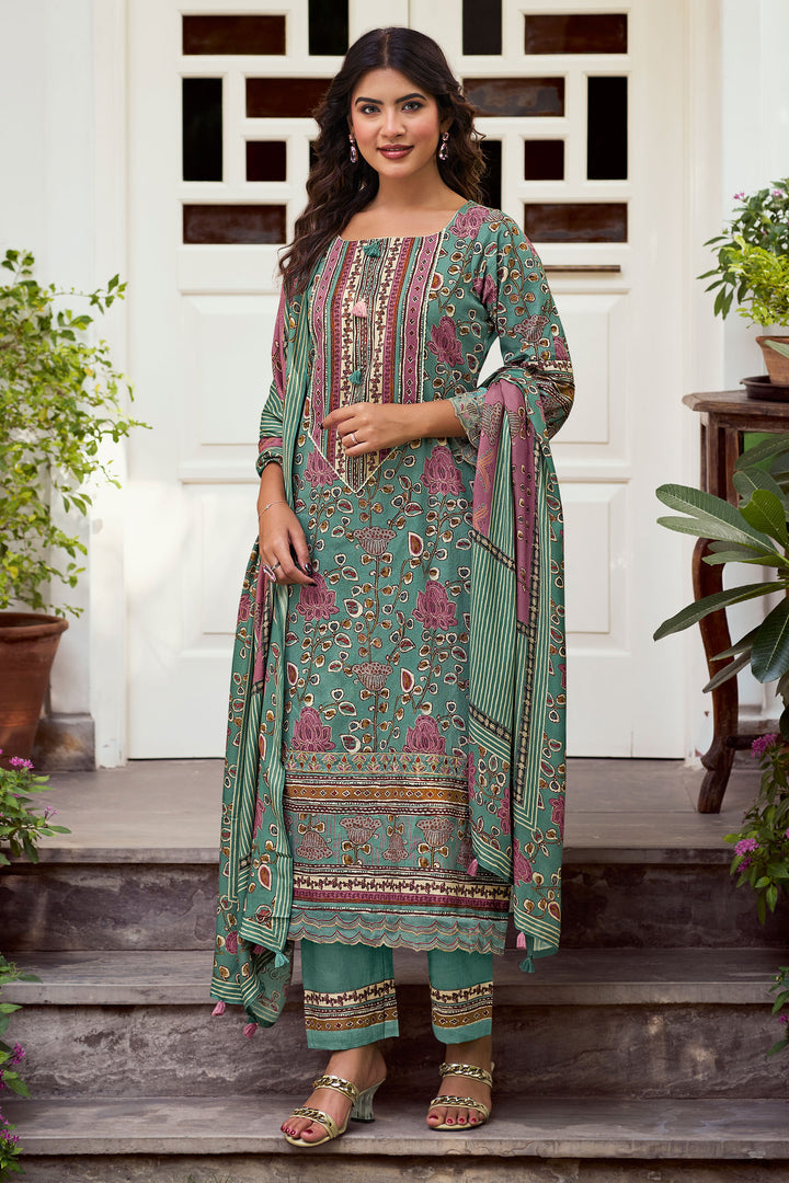 Pure Premium Corduroy Digital Print Casual Salwar Kameez In Cyan Color