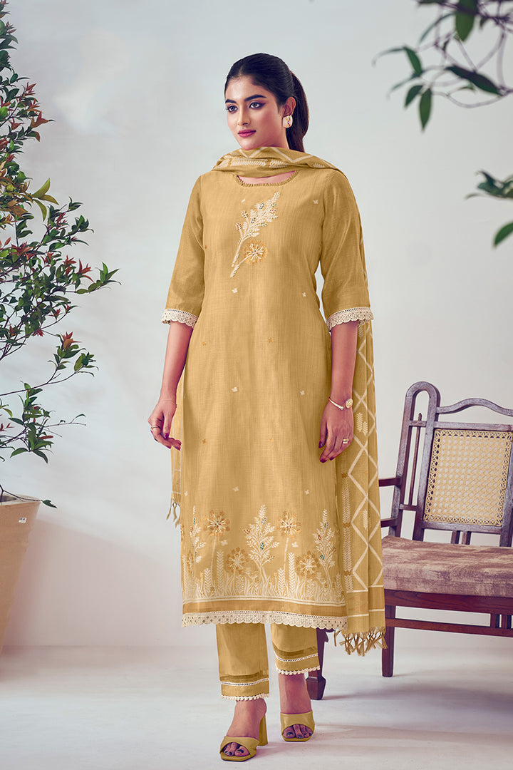 Chikoo Color South Cotton Top Dyed Jacquard Long Straight Cut Salwar Suit