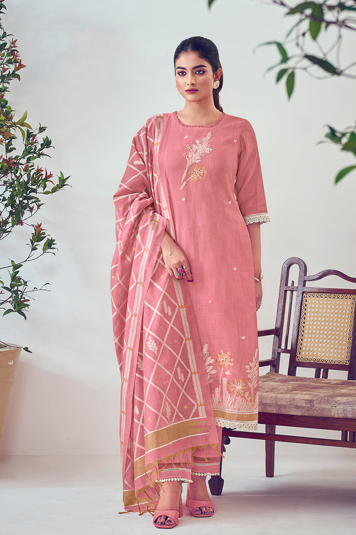 Pink South Cotton Top Dyed Jacquard Long Straight Cut Suit