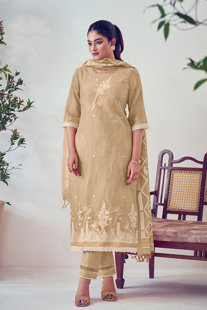 Beige Color South Cotton Top Dyed Jacquard Long Straight Cut Dress