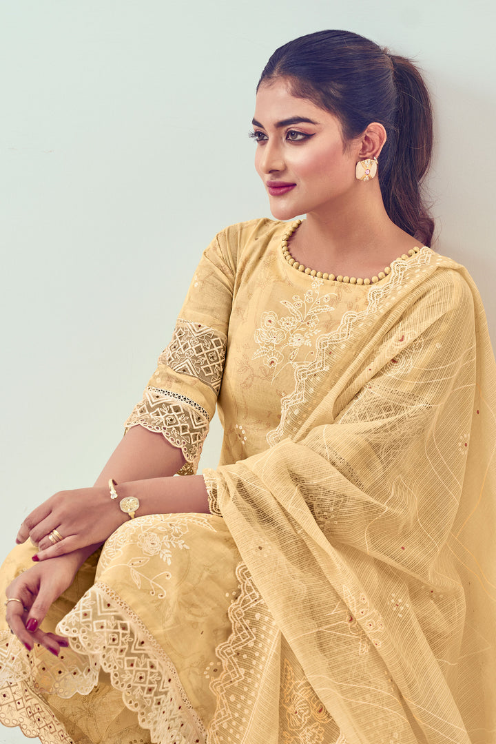 Cream Pure Organdy Khadi Block Print With Fancy Embroidery Work Salwar Kameez