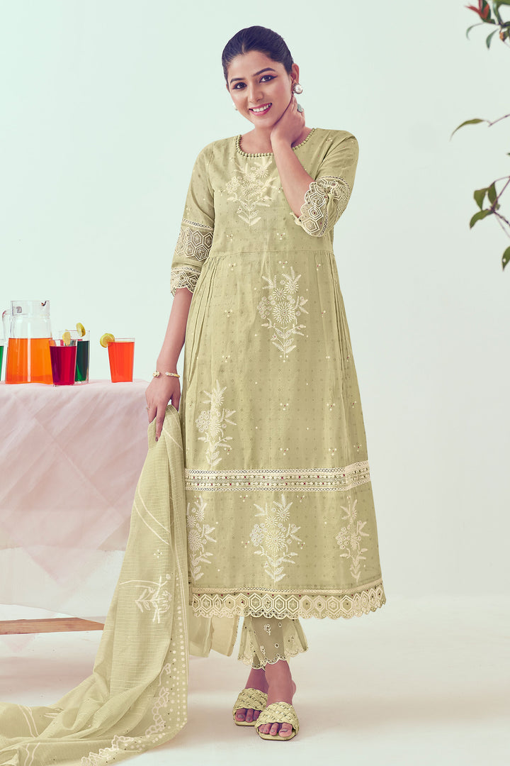 Olive Green Pure Organdy Khadi Block Print With Fancy Embroidery Work Salwar Suit
