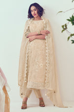 Load image into Gallery viewer, Beige Pure Organdy Khadi Block Print With Fancy Embroidery Work Suit
