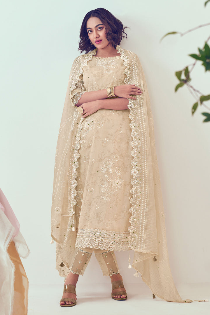 Beige Pure Organdy Khadi Block Print With Fancy Embroidery Work Suit