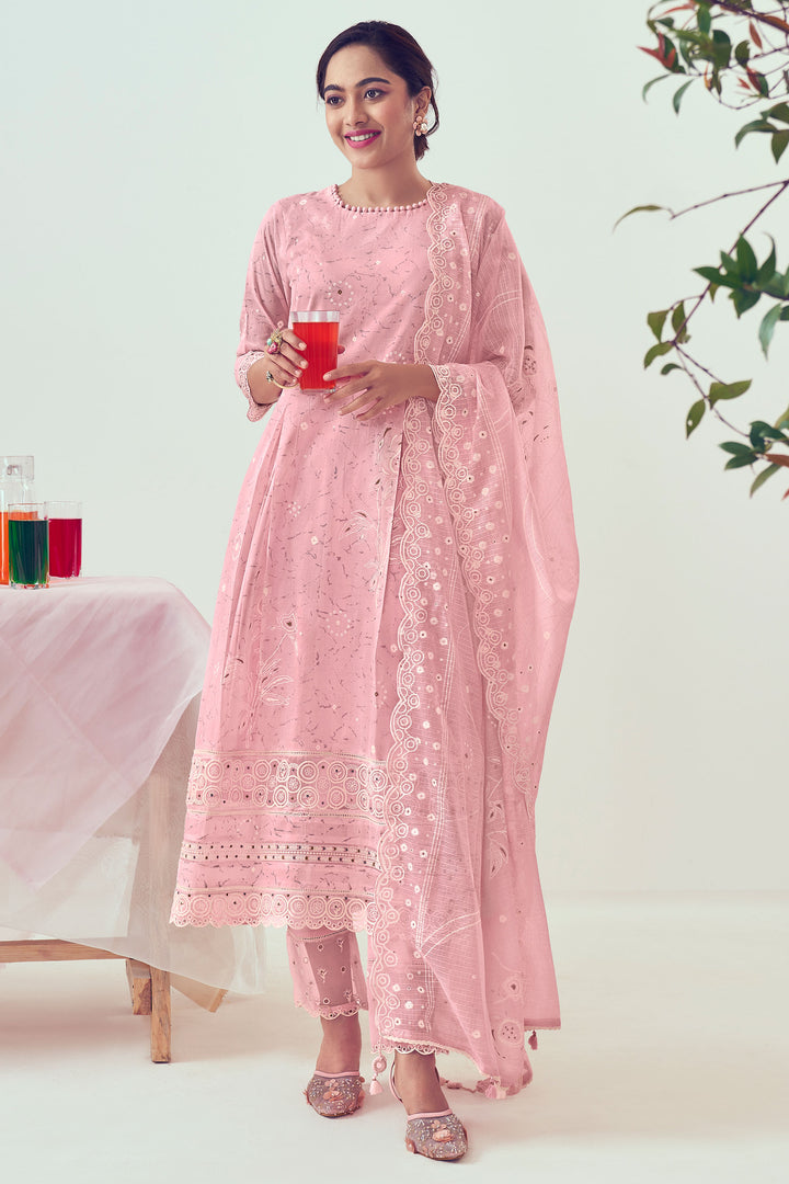 Pink Pure Organdy Khadi Block Print With Fancy Embroidery Work Dress