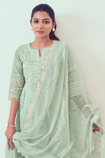 Load image into Gallery viewer, Pure Organdy Khadi Block Print With Fancy Embroidery Work Salwar Kameez In Sea Green Color
