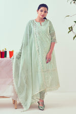 Load image into Gallery viewer, Pure Organdy Khadi Block Print With Fancy Embroidery Work Salwar Kameez In Sea Green Color
